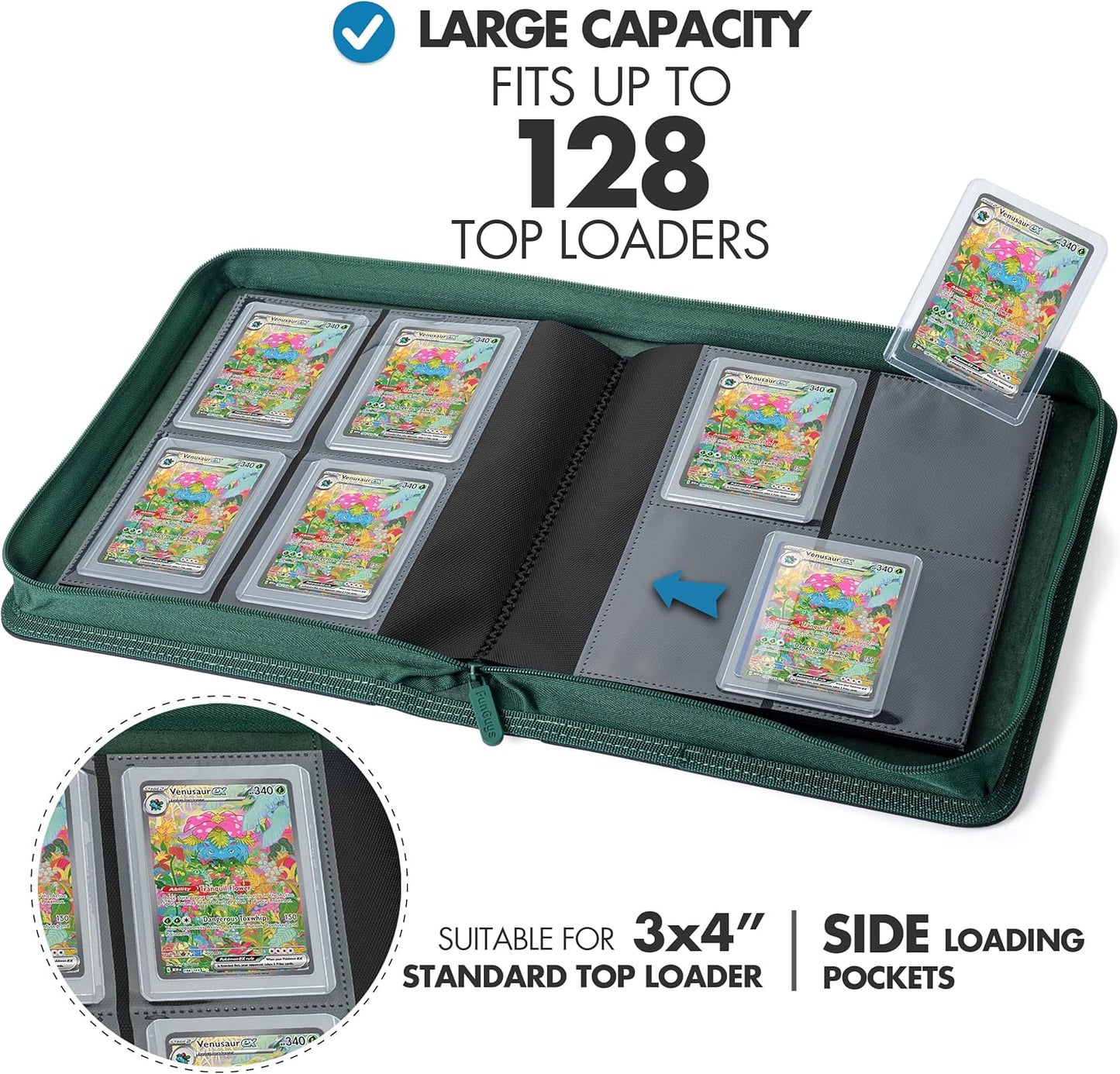 Toploader Binder – 4 Pocket Trading Card Binder for 128 Top Loaders, Pokemon Card Binder, MTG, Yugioh, Sports Cards, TCG Storage Album, Zipper Card Collector Folder