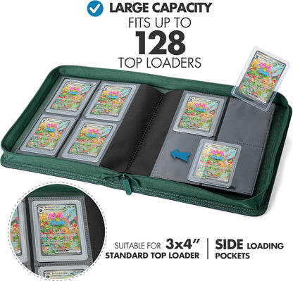 Toploader Binder – 4 Pocket Trading Card Binder for 128 Top Loaders, Pokemon Card Binder, MTG, Yugioh, Sports Cards, TCG Storage Album, Zipper Card Collector Folder