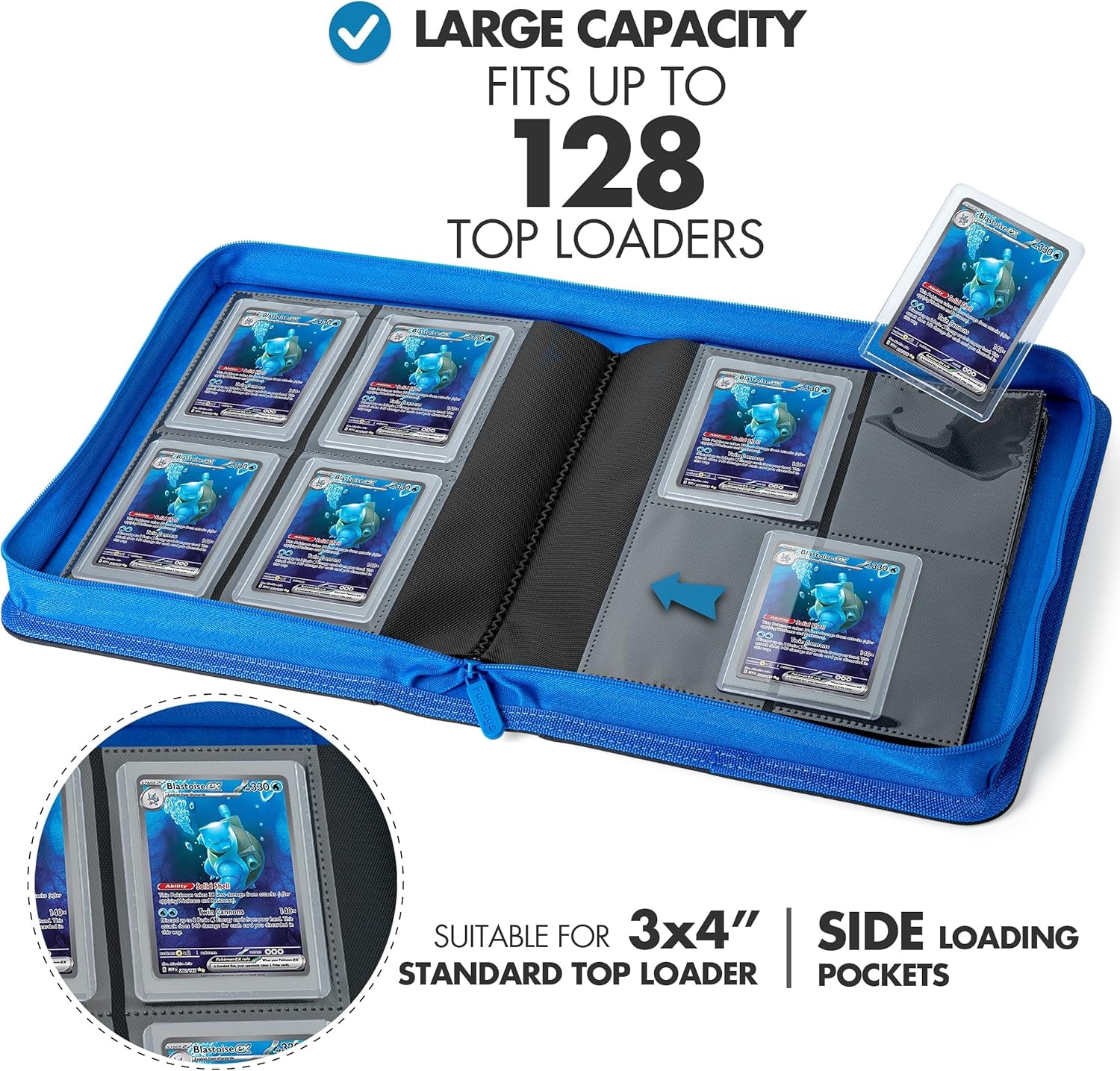 Toploader Binder – 4 Pocket Trading Card Binder for 128 Top Loaders, Pokemon Card Binder, MTG, Yugioh, Sports Cards, TCG Storage Album, Zipper Card Collector Folder