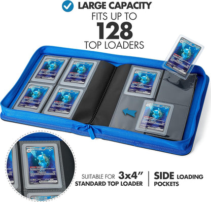 Toploader Binder – 4 Pocket Trading Card Binder for 128 Top Loaders, Pokemon Card Binder, MTG, Yugioh, Sports Cards, TCG Storage Album, Zipper Card Collector Folder