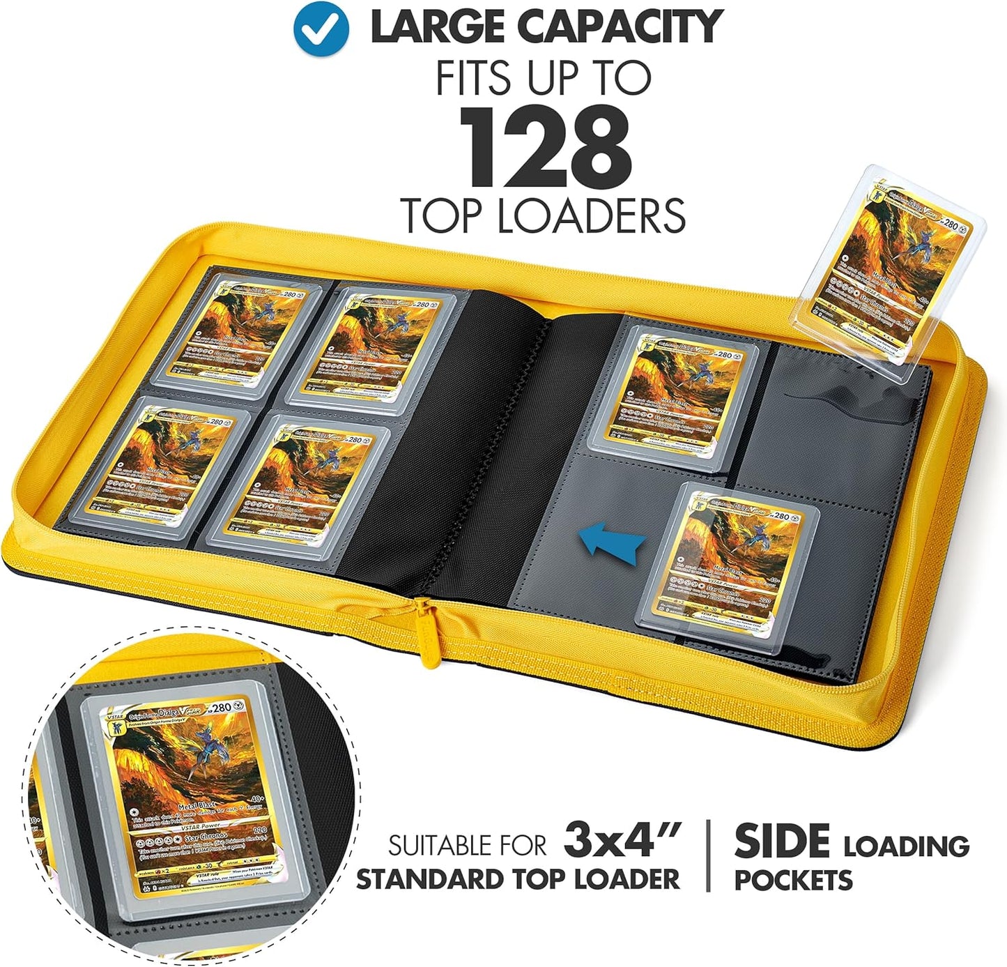 Toploader Binder – 4 Pocket Trading Card Binder for 128 Top Loaders, Pokemon Card Binder, MTG, Yugioh, Sports Cards, TCG Storage Album, Zipper Card Collector Folder