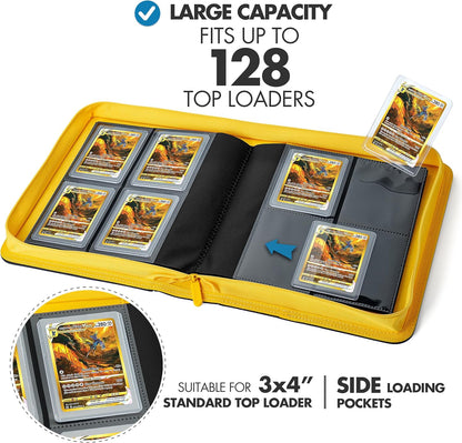 Toploader Binder – 4 Pocket Trading Card Binder for 128 Top Loaders, Pokemon Card Binder, MTG, Yugioh, Sports Cards, TCG Storage Album, Zipper Card Collector Folder