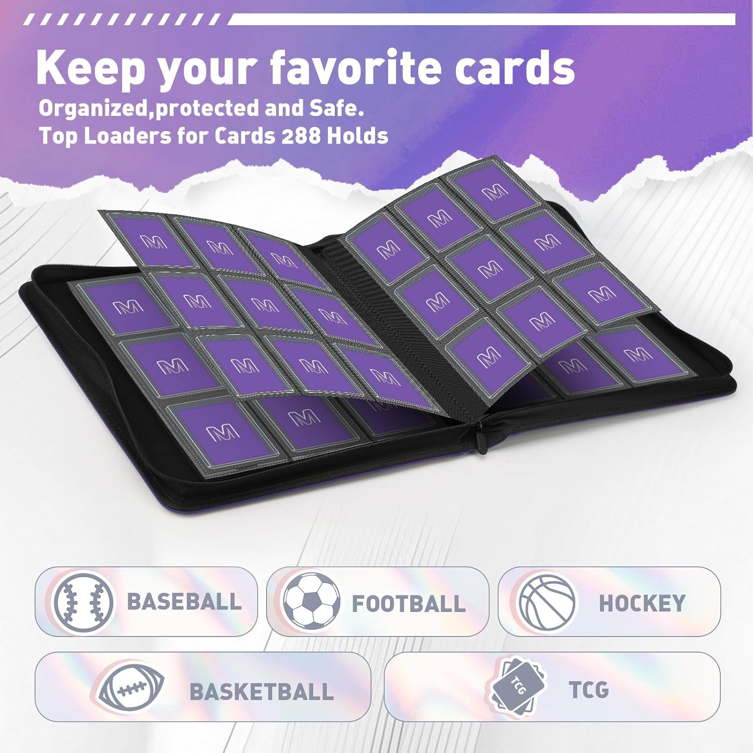 Toploader Binder,Trading Card Binder Storage Hold up 288 Cards 9-Pocket Top Loader Binder with Sleeves for 3"X4" Rigid Toploaders Hard Cases (9Purple6)
