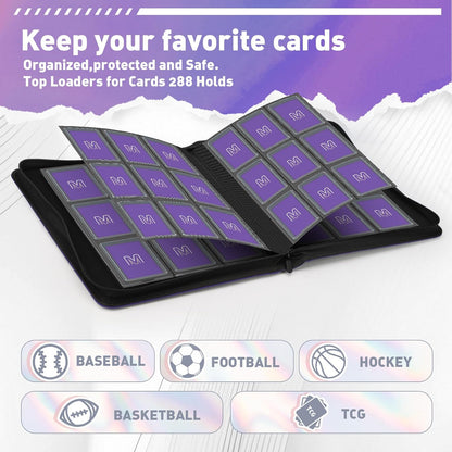 Toploader Binder,Trading Card Binder Storage Hold up 288 Cards 9-Pocket Top Loader Binder with Sleeves for 3"X4" Rigid Toploaders Hard Cases (9Purple6)