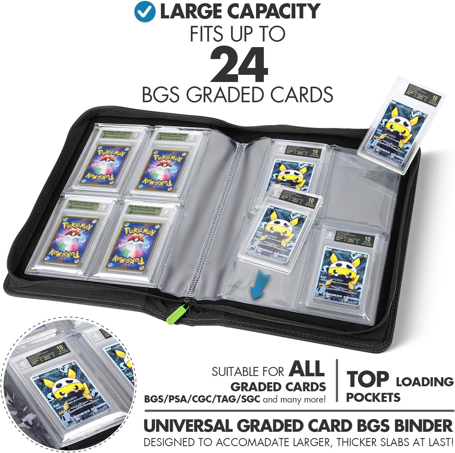 Graded Card Binder – 4-Pocket Slab Binder for PSA, BGS, SGC & All Graded Cards, Graded Card Storage Album, Holds 24 BGS Slabs, Trading Card Slab Holder Case for Collectors, MTG, TCG