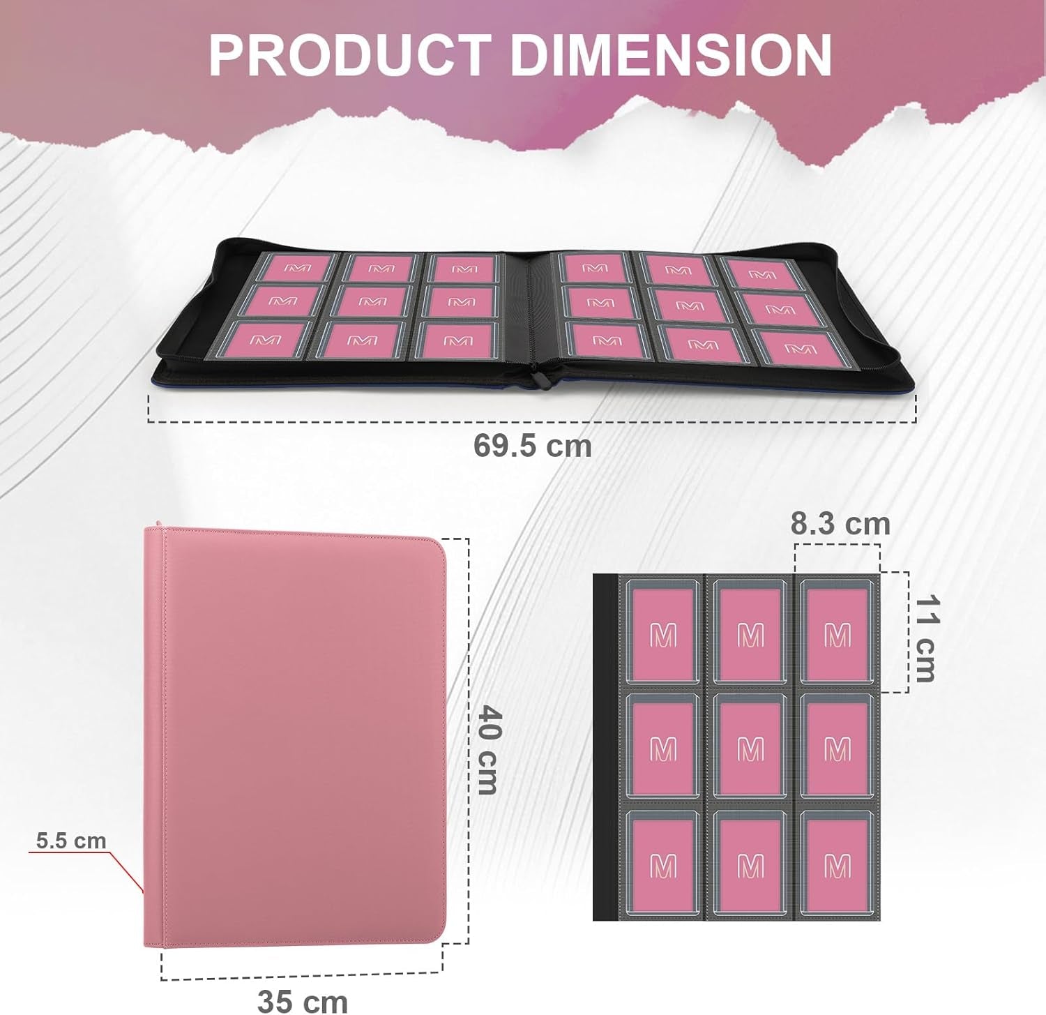 Toploader Binder,Trading Card Binder Storage Hold up 288 Cards 9-Pocket Top Loader Binder with Sleeves for 3"X4" Rigid Toploaders Hard Cases(9Pink7)