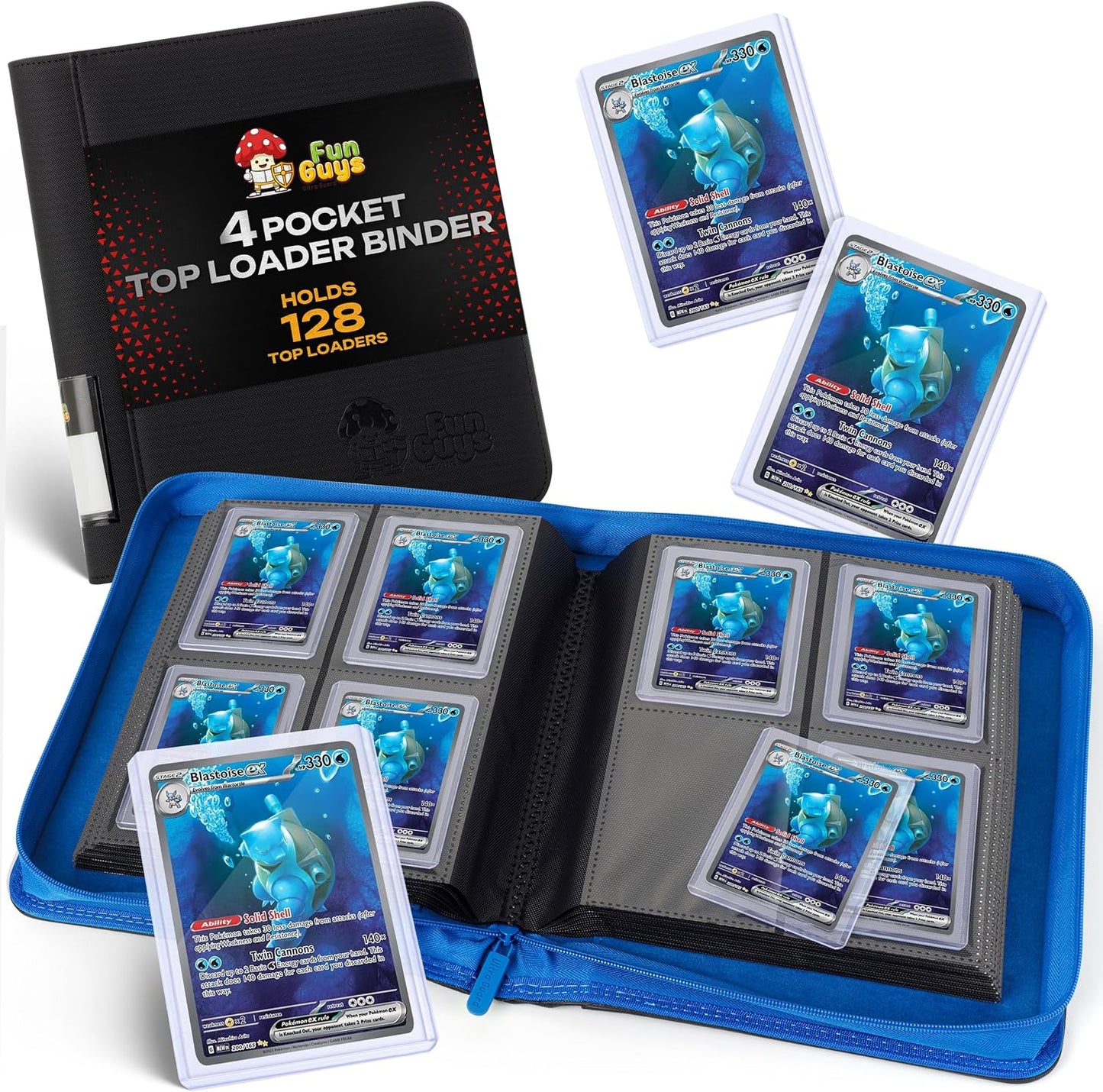 Toploader Binder – 4 Pocket Trading Card Binder for 128 Top Loaders, Pokemon Card Binder, MTG, Yugioh, Sports Cards, TCG Storage Album, Zipper Card Collector Folder