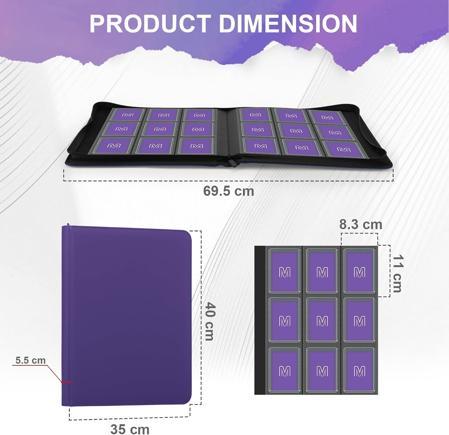 Toploader Binder,Trading Card Binder Storage Hold up 288 Cards 9-Pocket Top Loader Binder with Sleeves for 3"X4" Rigid Toploaders Hard Cases (9Purple6)
