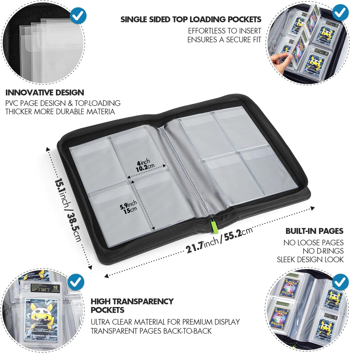 Graded Card Binder – 4-Pocket Slab Binder for PSA, BGS, SGC & All Graded Cards, Graded Card Storage Album, Holds 24 BGS Slabs, Trading Card Slab Holder Case for Collectors, MTG, TCG